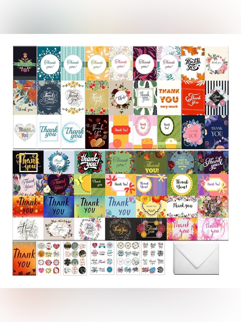 56 Assorted Thank You Note Cards with Envelopes and Stickers- Multi Design
